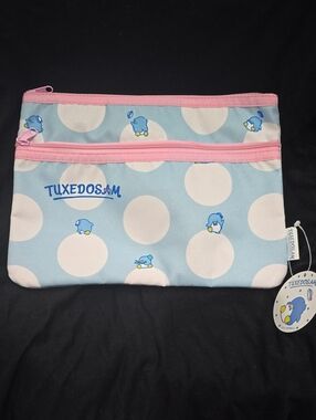 Tuxedosam Blue Polka Dot Zip Pouch with Pink Trim